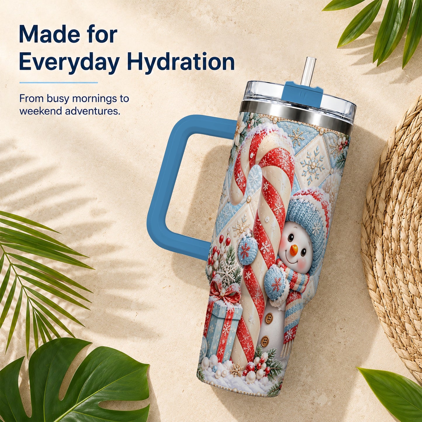 #pl[40oz|Blue] Snowman Candy Cane 40oz Tumbler with Handle, Winter Holiday Travel Cup
