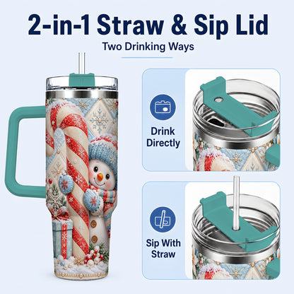 #pl[40oz|Green] Snowman Candy Cane 40oz Tumbler with Handle, Winter Holiday Travel Cup
