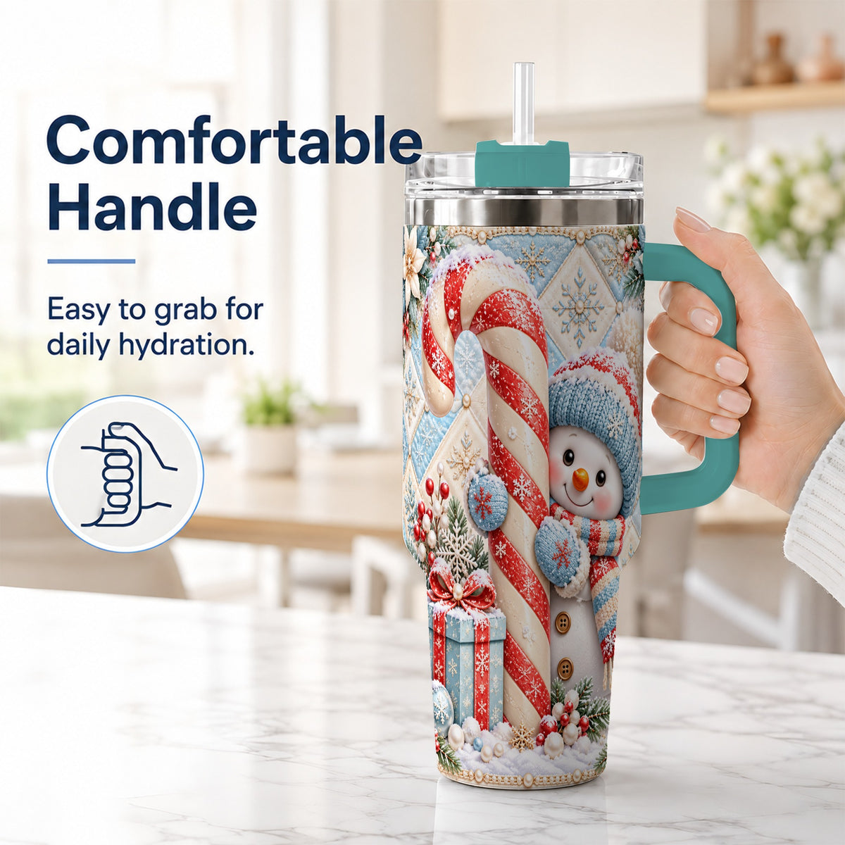 #pl[40oz|Green] Snowman Candy Cane 40oz Tumbler with Handle, Winter Holiday Travel Cup