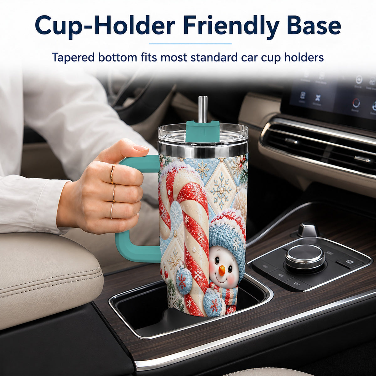 #pl[40oz|Green] Snowman Candy Cane 40oz Tumbler with Handle, Winter Holiday Travel Cup