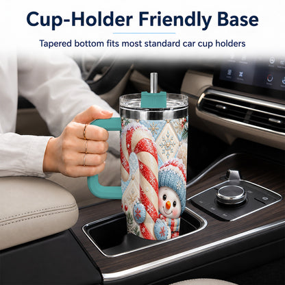 #pl[40oz|Green] Snowman Candy Cane 40oz Tumbler with Handle, Winter Holiday Travel Cup