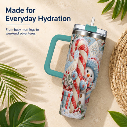 #pl[40oz|Green] Snowman Candy Cane 40oz Tumbler with Handle, Winter Holiday Travel Cup