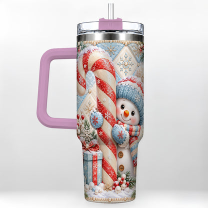 #pl[40oz|Pink] Snowman Candy Cane 40oz Tumbler with Handle, Winter Holiday Travel Cup