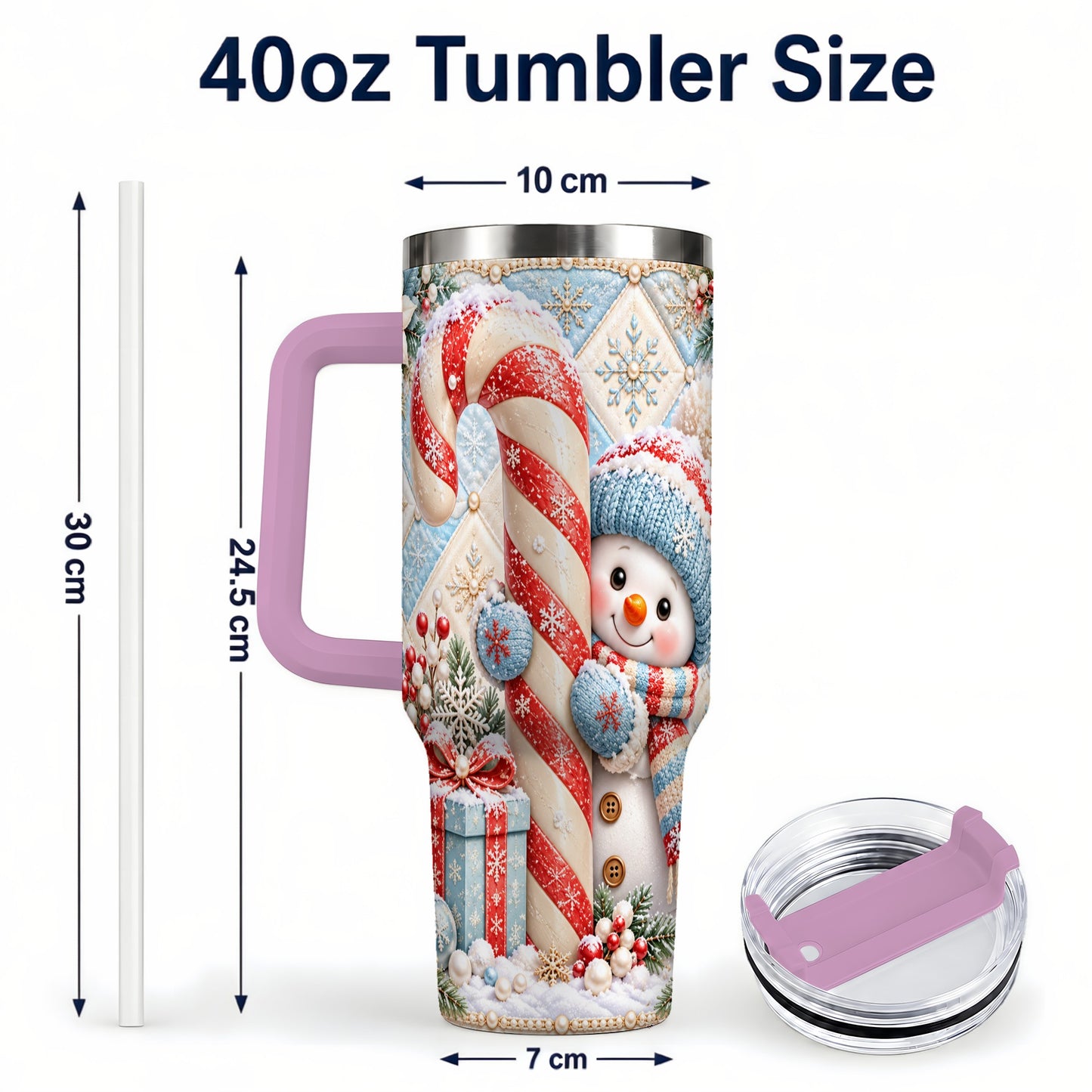 #pl[40oz|Pink] Snowman Candy Cane 40oz Tumbler with Handle, Winter Holiday Travel Cup