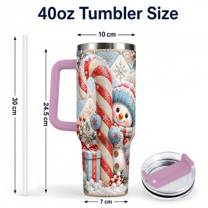 #pl[40oz|Pink] Snowman Candy Cane 40oz Tumbler with Handle, Winter Holiday Travel Cup
