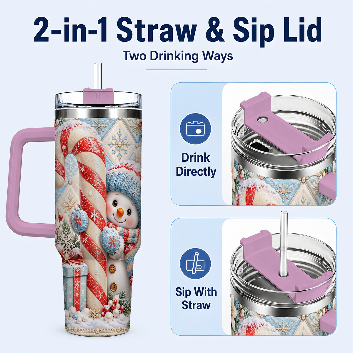 #pl[40oz|Pink] Snowman Candy Cane 40oz Tumbler with Handle, Winter Holiday Travel Cup