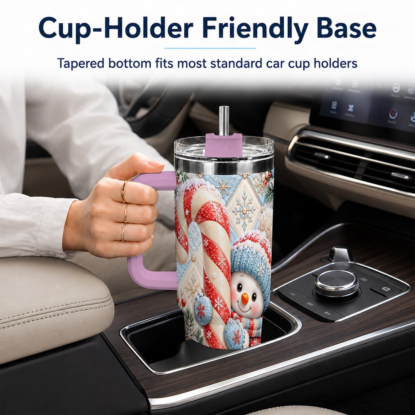 #pl[40oz|Pink] Snowman Candy Cane 40oz Tumbler with Handle, Winter Holiday Travel Cup
