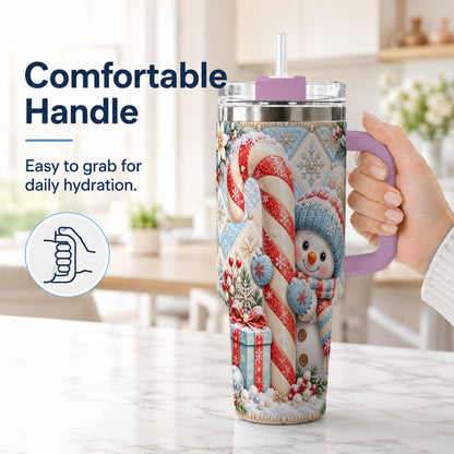 #pl[40oz|Pink] Snowman Candy Cane 40oz Tumbler with Handle, Winter Holiday Travel Cup