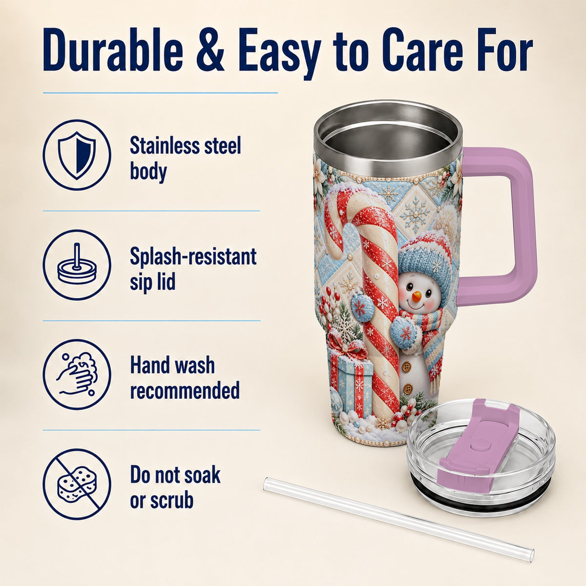 #pl[40oz|Pink] Snowman Candy Cane 40oz Tumbler with Handle, Winter Holiday Travel Cup
