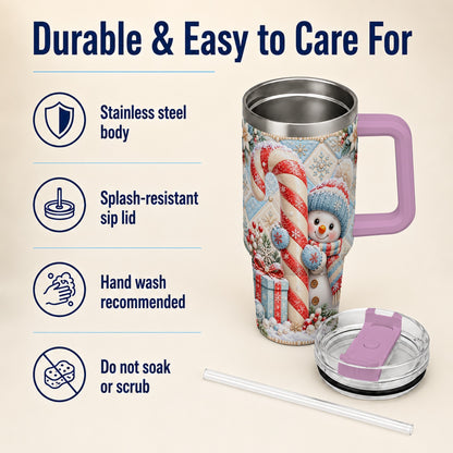 #pl[40oz|Pink] Snowman Candy Cane 40oz Tumbler with Handle, Winter Holiday Travel Cup