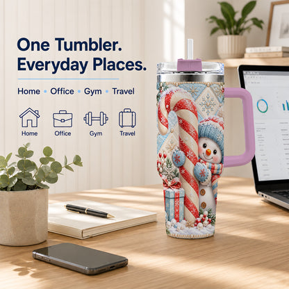 #pl[40oz|Pink] Snowman Candy Cane 40oz Tumbler with Handle, Winter Holiday Travel Cup
