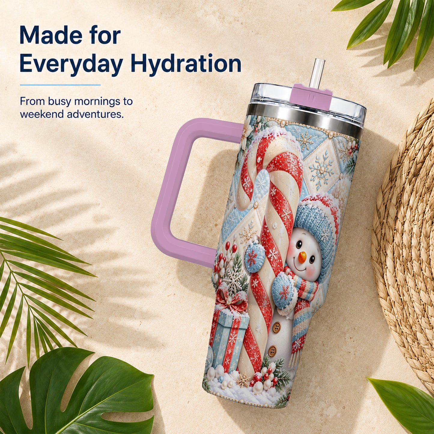 #pl[40oz|Pink] Snowman Candy Cane 40oz Tumbler with Handle, Winter Holiday Travel Cup