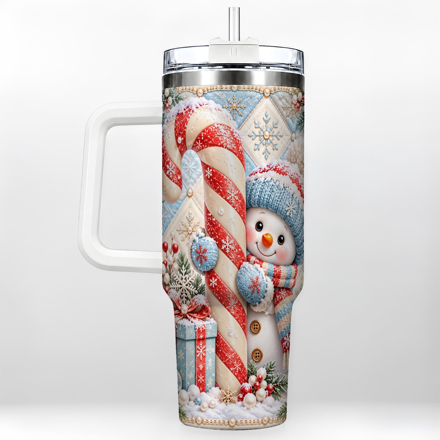 Snowman Candy Cane 40oz Tumbler with Handle, Winter Holiday Travel Cup