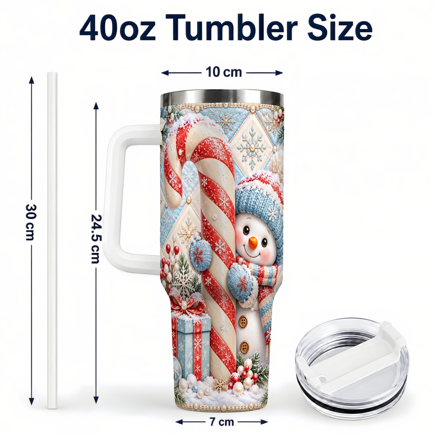 #pl[40oz|White] Snowman Candy Cane 40oz Tumbler with Handle, Winter Holiday Travel Cup