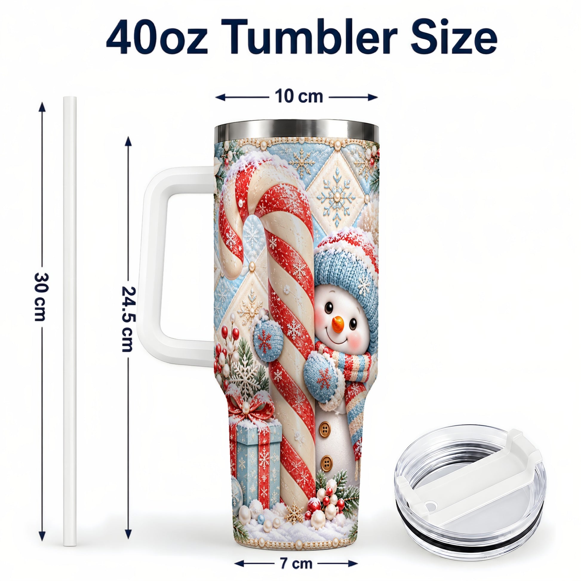 #pl[40oz|White] Snowman Candy Cane 40oz Tumbler with Handle, Winter Holiday Travel Cup