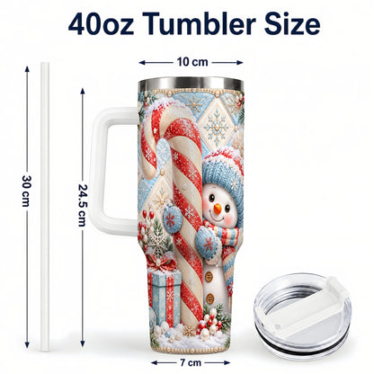 #pl[40oz|White] Snowman Candy Cane 40oz Tumbler with Handle, Winter Holiday Travel Cup