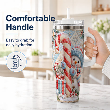 #pl[40oz|White] Snowman Candy Cane 40oz Tumbler with Handle, Winter Holiday Travel Cup