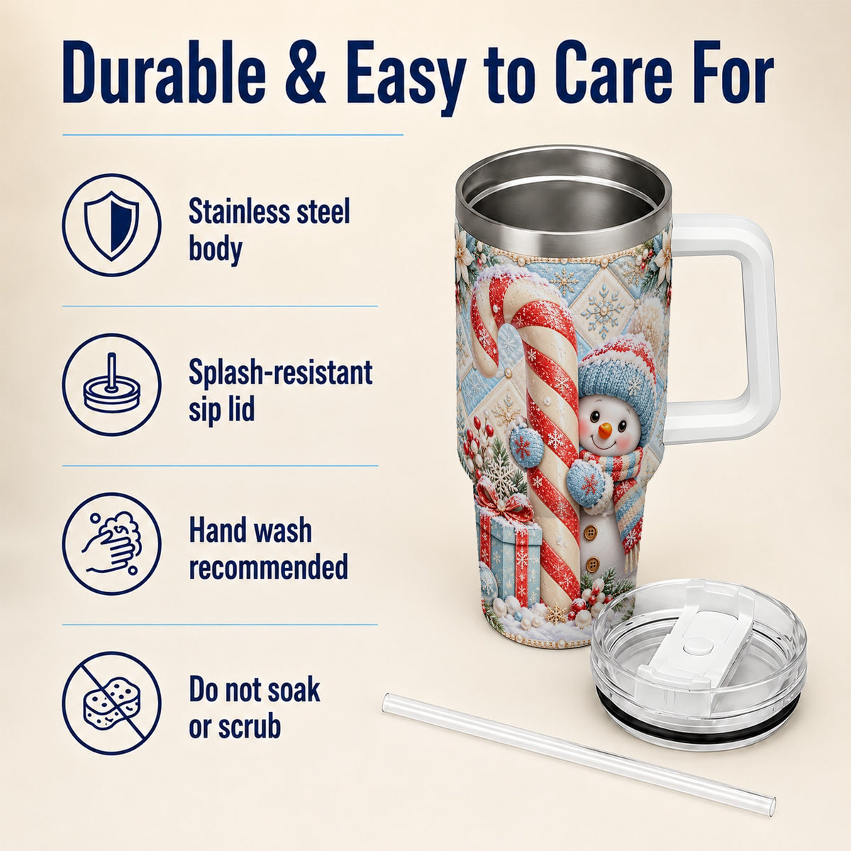 #pl[40oz|White] Snowman Candy Cane 40oz Tumbler with Handle, Winter Holiday Travel Cup