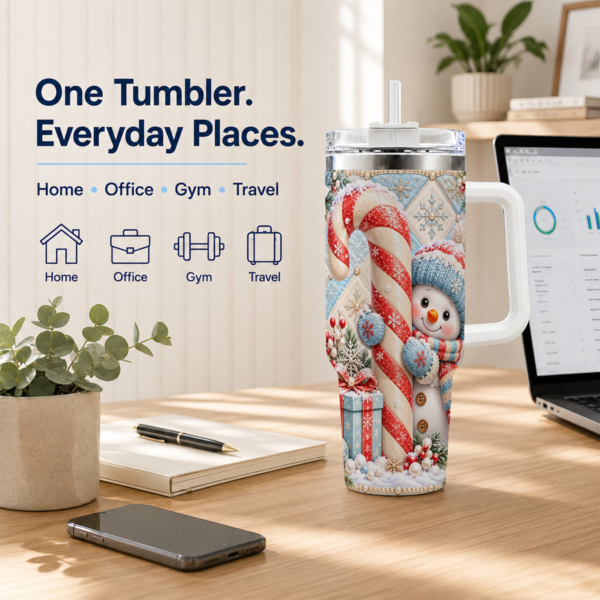 #pl[40oz|White] Snowman Candy Cane 40oz Tumbler with Handle, Winter Holiday Travel Cup