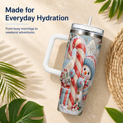 #pl[40oz|White] Snowman Candy Cane 40oz Tumbler with Handle, Winter Holiday Travel Cup