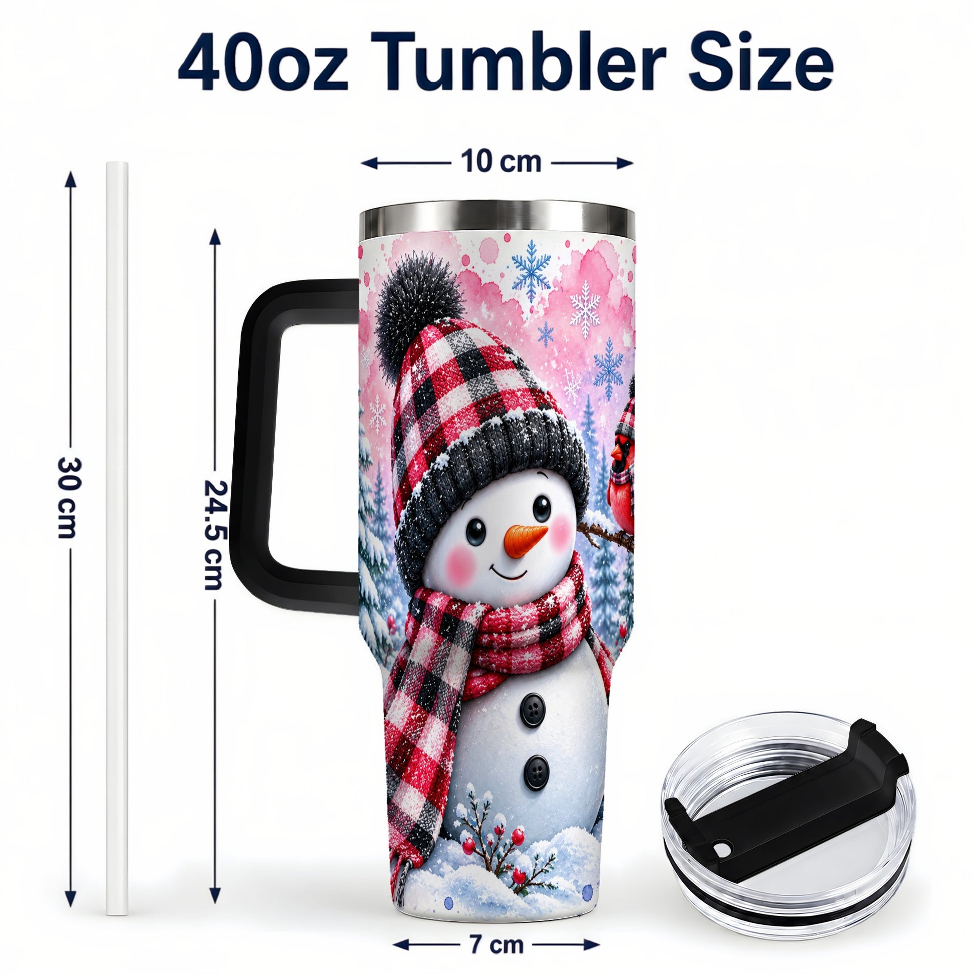 #pl[40oz|Black] Snowman Cardinal 40oz Tumbler with Handle, Plaid Winter Travel Cup