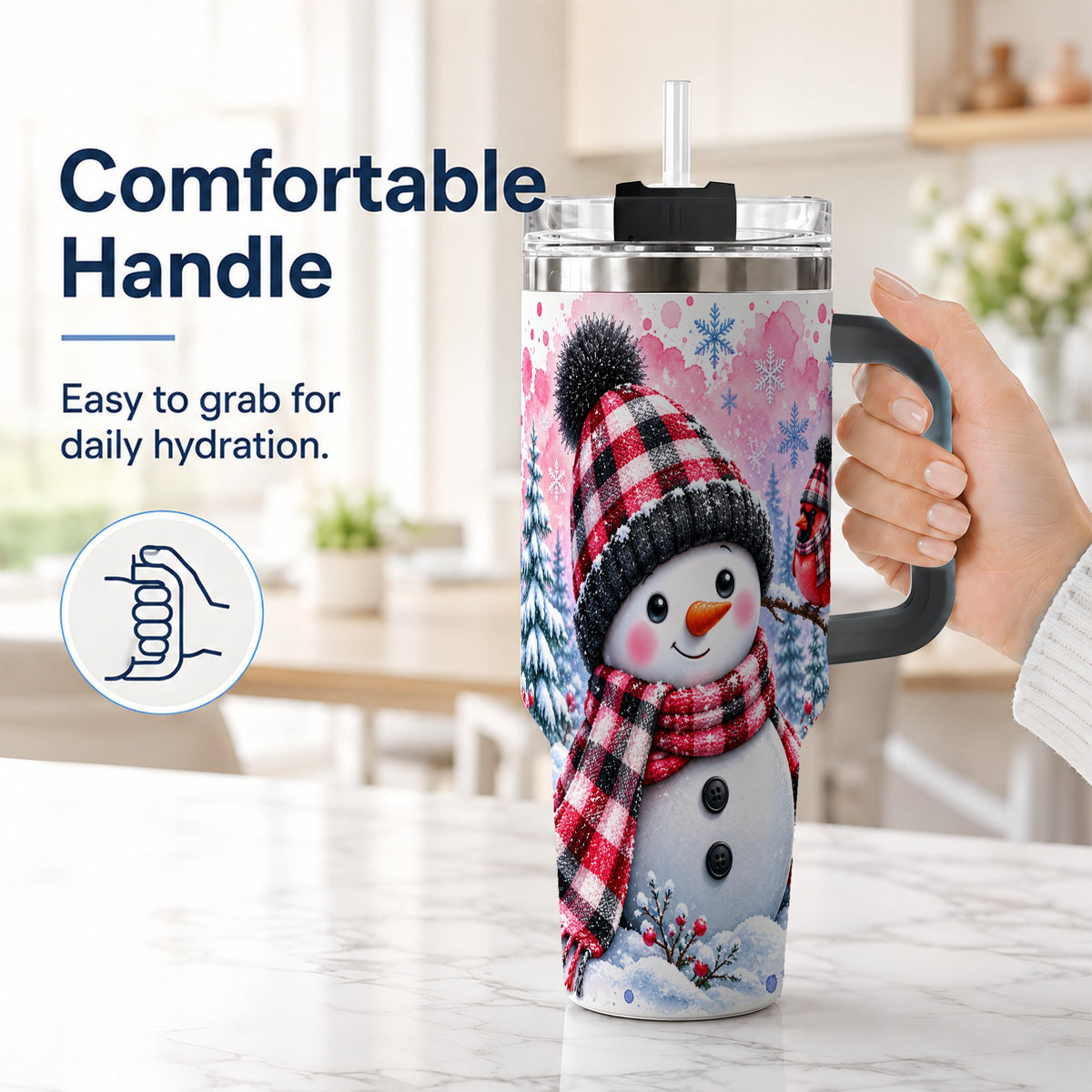 #pl[40oz|Black] Snowman Cardinal 40oz Tumbler with Handle, Plaid Winter Travel Cup