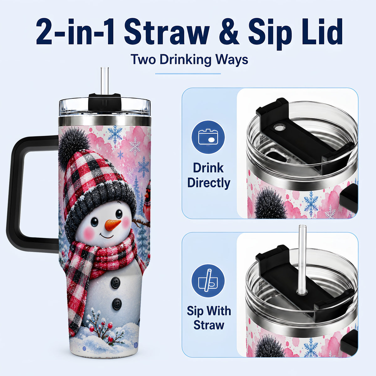 #pl[40oz|Black] Snowman Cardinal 40oz Tumbler with Handle, Plaid Winter Travel Cup