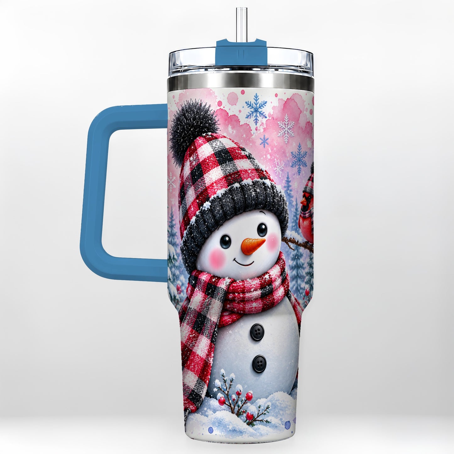 #pl[40oz|Blue] Snowman Cardinal 40oz Tumbler with Handle, Plaid Winter Travel Cup