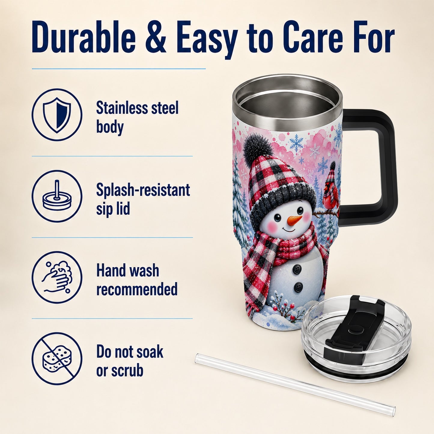 #pl[40oz|Black] Snowman Cardinal 40oz Tumbler with Handle, Plaid Winter Travel Cup