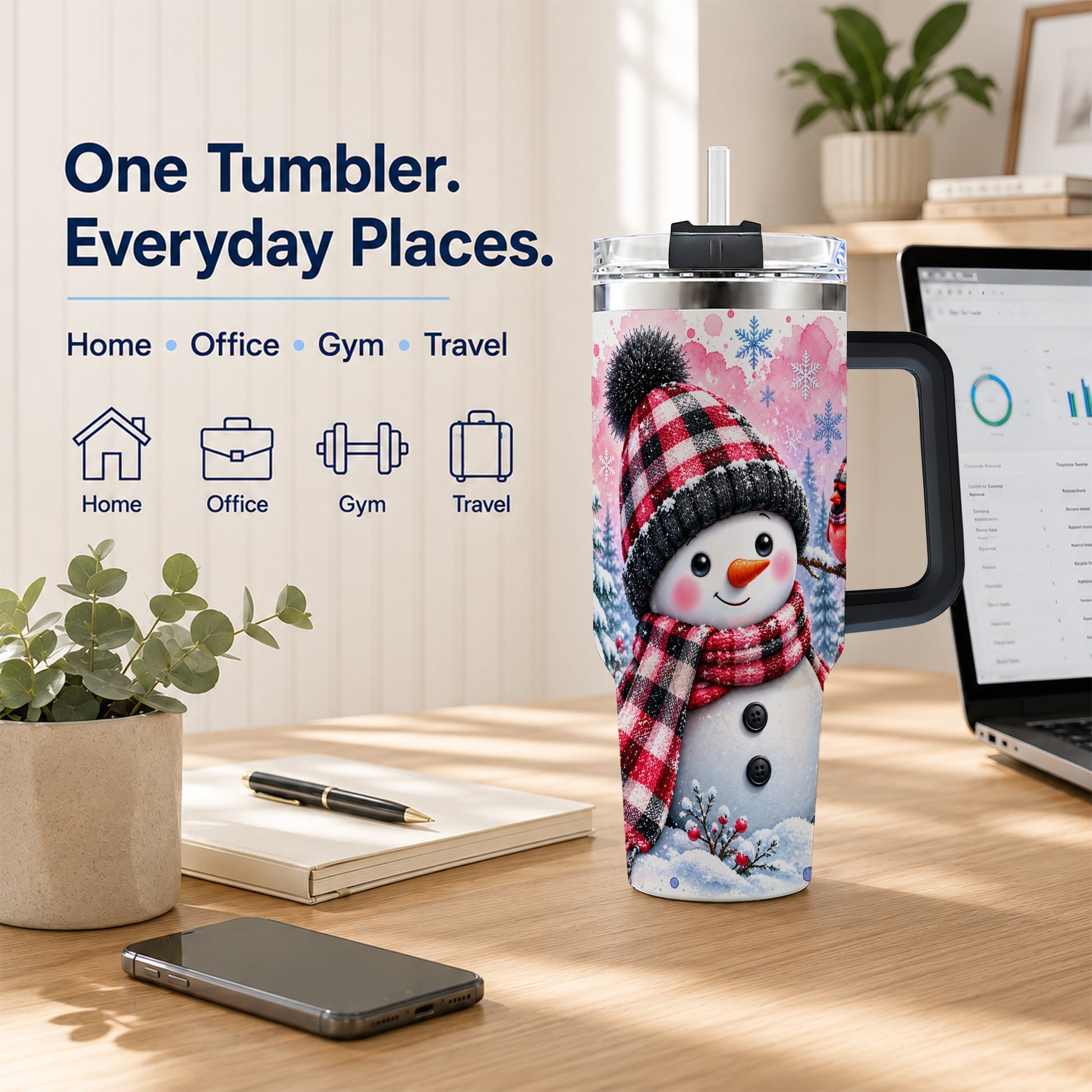 #pl[40oz|Black] Snowman Cardinal 40oz Tumbler with Handle, Plaid Winter Travel Cup