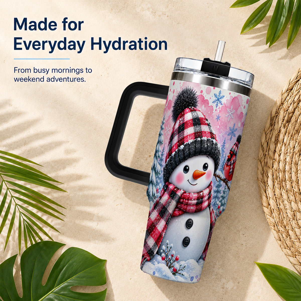 #pl[40oz|Black] Snowman Cardinal 40oz Tumbler with Handle, Plaid Winter Travel Cup