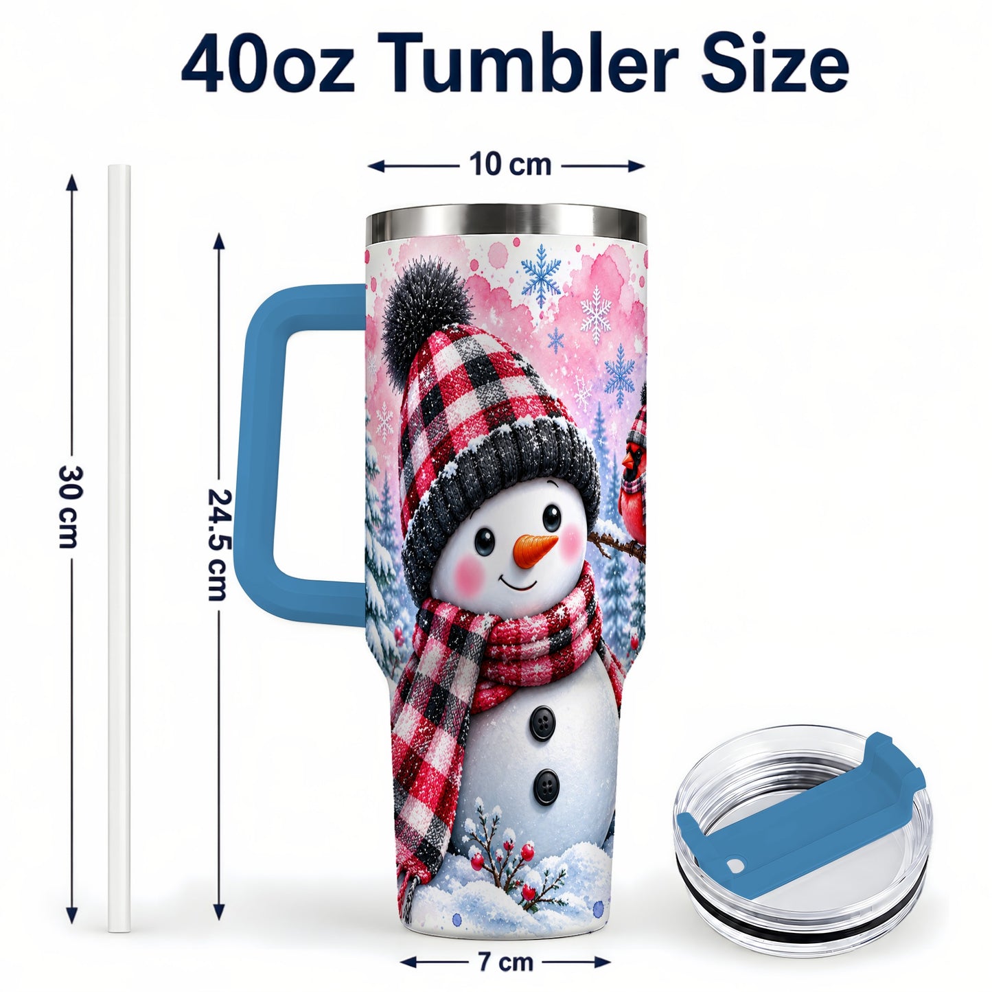 #pl[40oz|Blue] Snowman Cardinal 40oz Tumbler with Handle, Plaid Winter Travel Cup