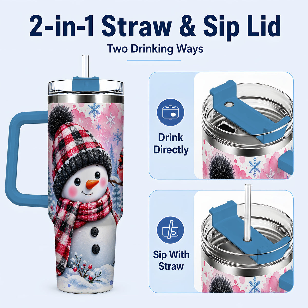 #pl[40oz|Blue] Snowman Cardinal 40oz Tumbler with Handle, Plaid Winter Travel Cup