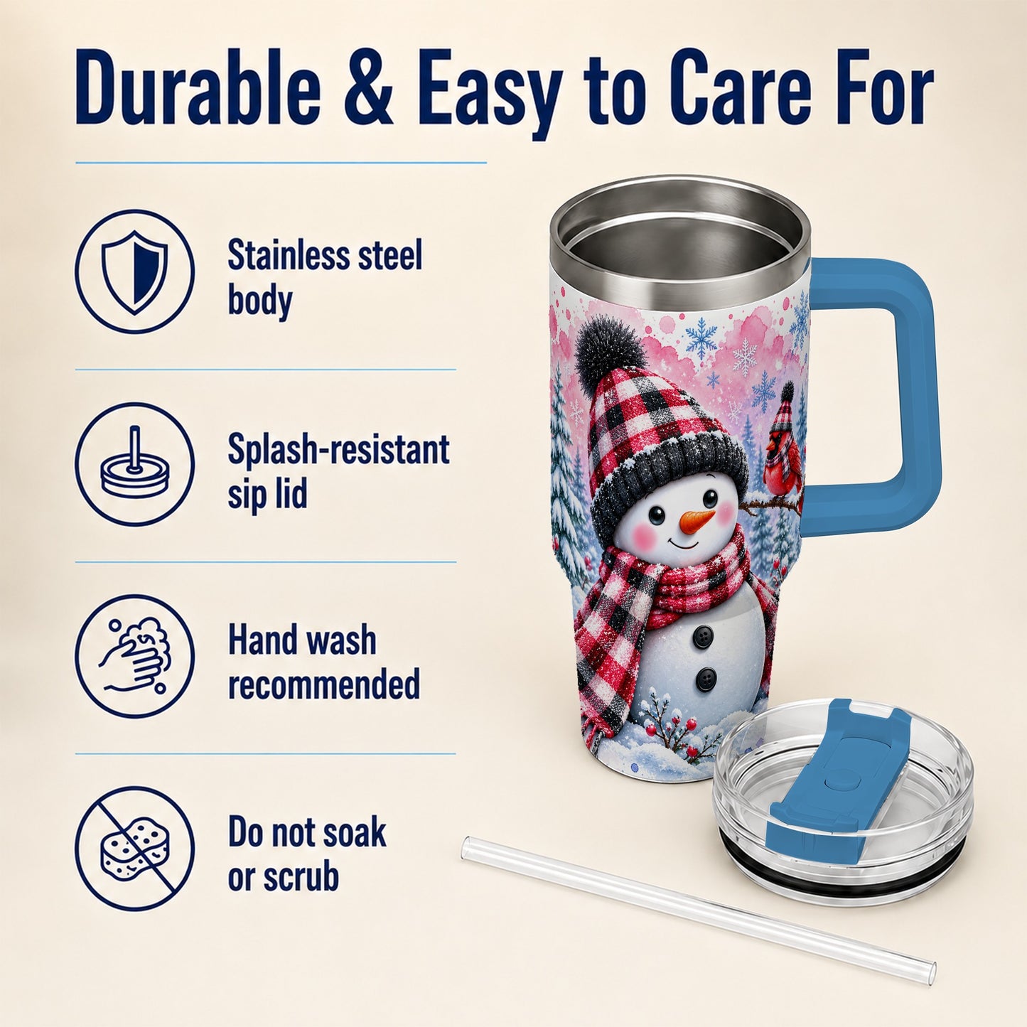 #pl[40oz|Blue] Snowman Cardinal 40oz Tumbler with Handle, Plaid Winter Travel Cup