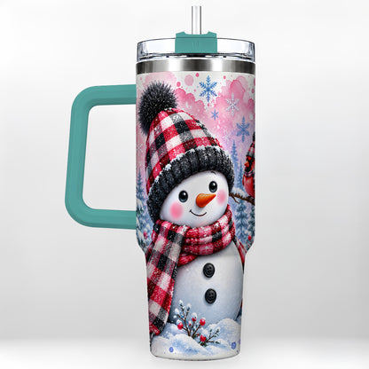 #pl[40oz|Green] Snowman Cardinal 40oz Tumbler with Handle, Plaid Winter Travel Cup
