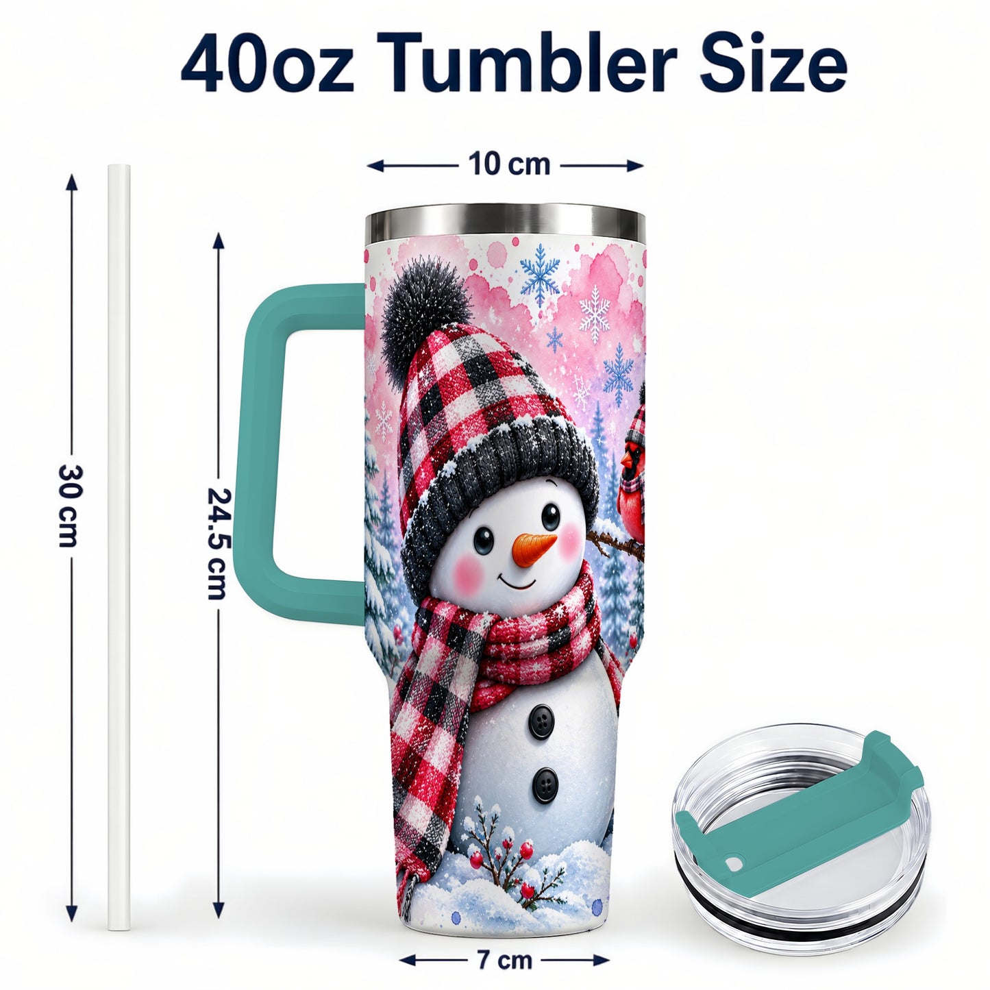 #pl[40oz|Green] Snowman Cardinal 40oz Tumbler with Handle, Plaid Winter Travel Cup