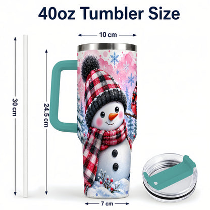 #pl[40oz|Green] Snowman Cardinal 40oz Tumbler with Handle, Plaid Winter Travel Cup