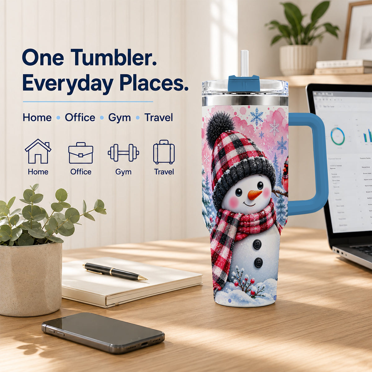 #pl[40oz|Blue] Snowman Cardinal 40oz Tumbler with Handle, Plaid Winter Travel Cup
