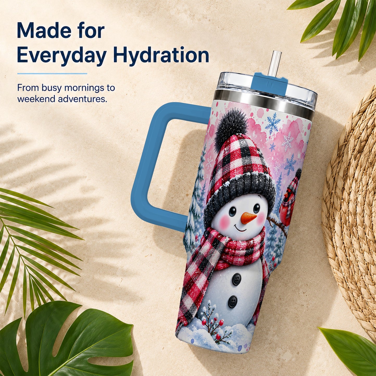 #pl[40oz|Blue] Snowman Cardinal 40oz Tumbler with Handle, Plaid Winter Travel Cup