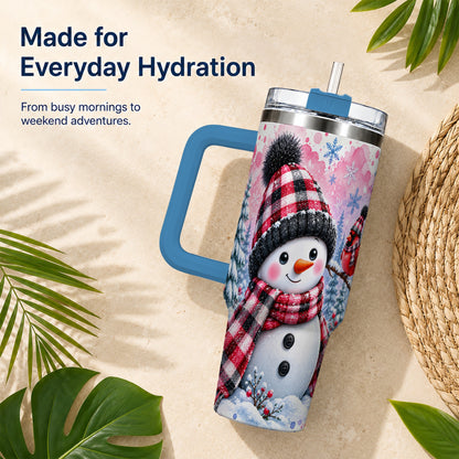 #pl[40oz|Blue] Snowman Cardinal 40oz Tumbler with Handle, Plaid Winter Travel Cup