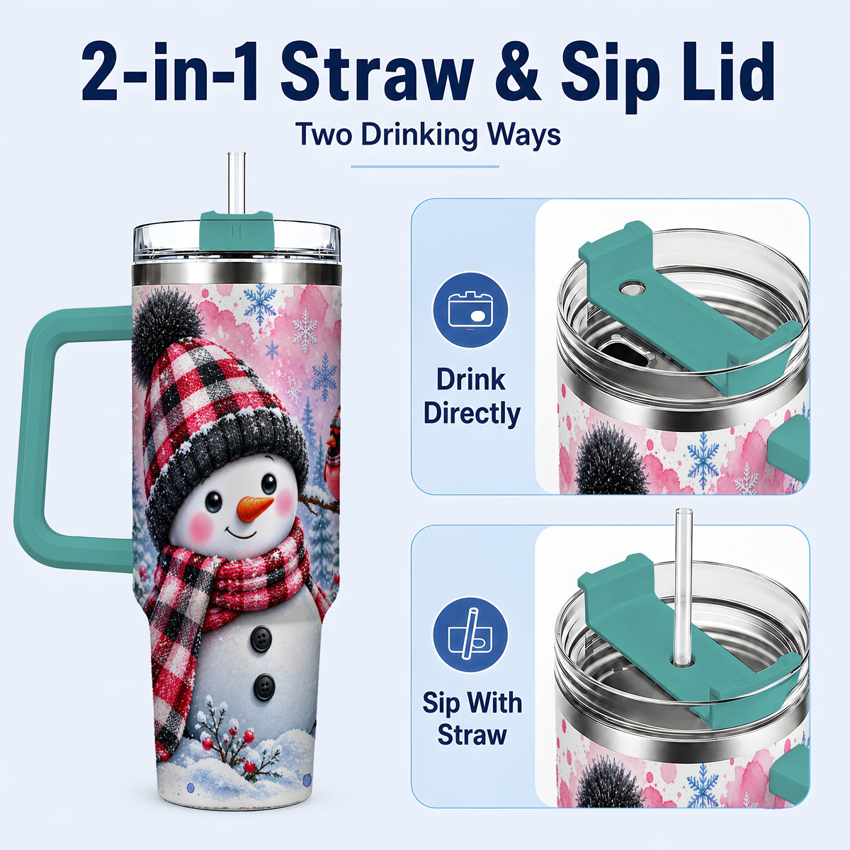#pl[40oz|Green] Snowman Cardinal 40oz Tumbler with Handle, Plaid Winter Travel Cup