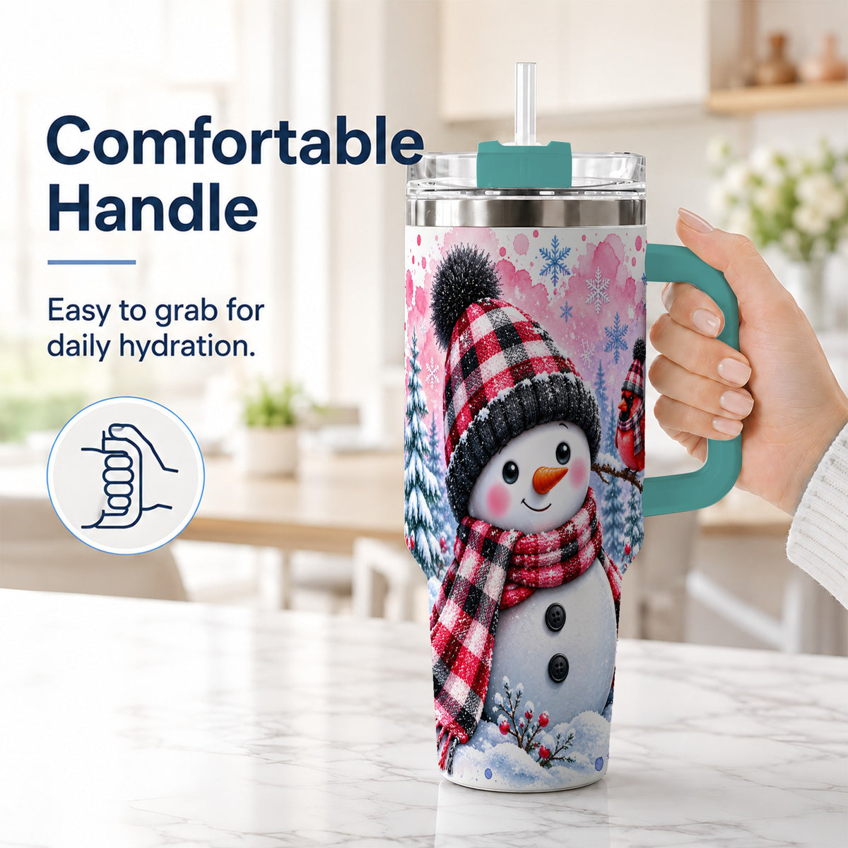 #pl[40oz|Green] Snowman Cardinal 40oz Tumbler with Handle, Plaid Winter Travel Cup