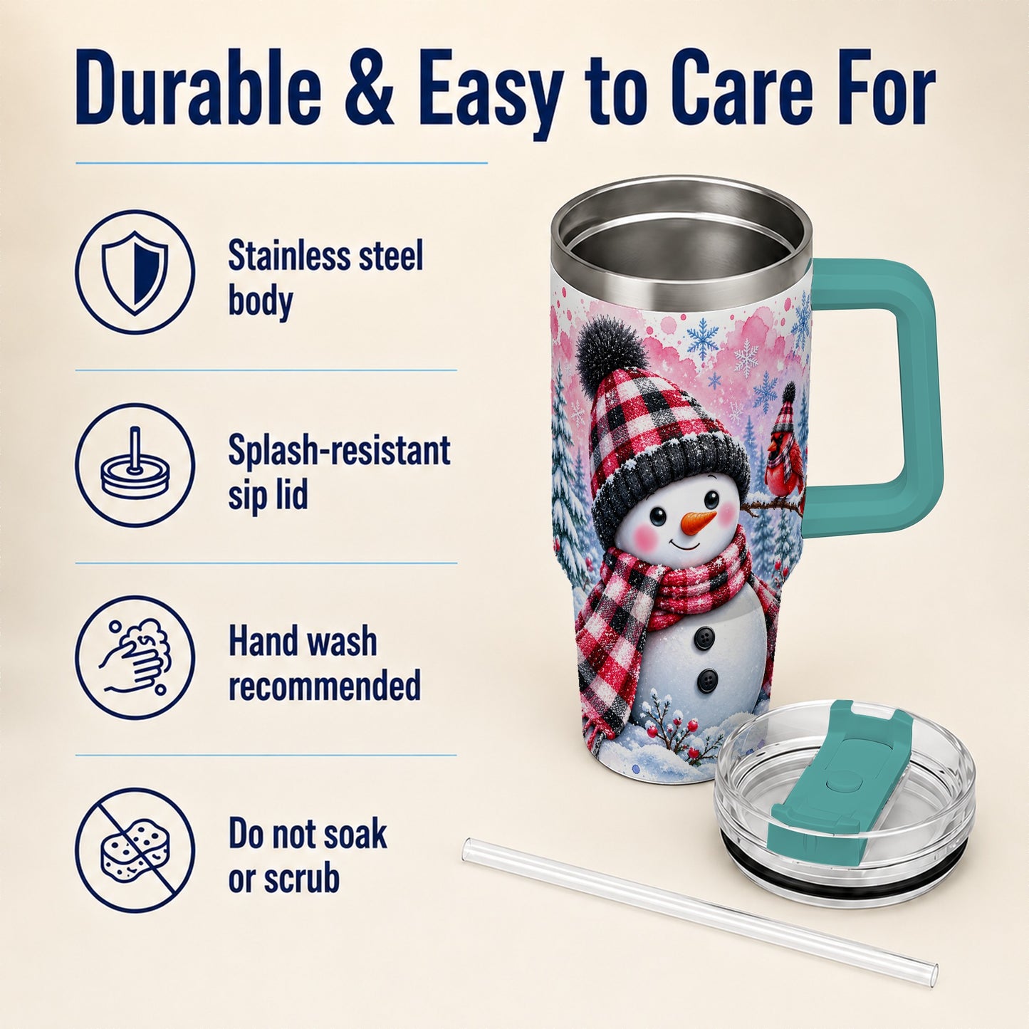 #pl[40oz|Green] Snowman Cardinal 40oz Tumbler with Handle, Plaid Winter Travel Cup