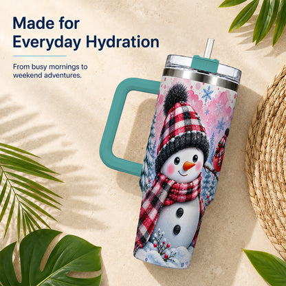#pl[40oz|Green] Snowman Cardinal 40oz Tumbler with Handle, Plaid Winter Travel Cup
