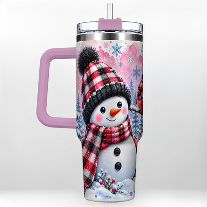 #pl[40oz|Pink] Snowman Cardinal 40oz Tumbler with Handle, Plaid Winter Travel Cup