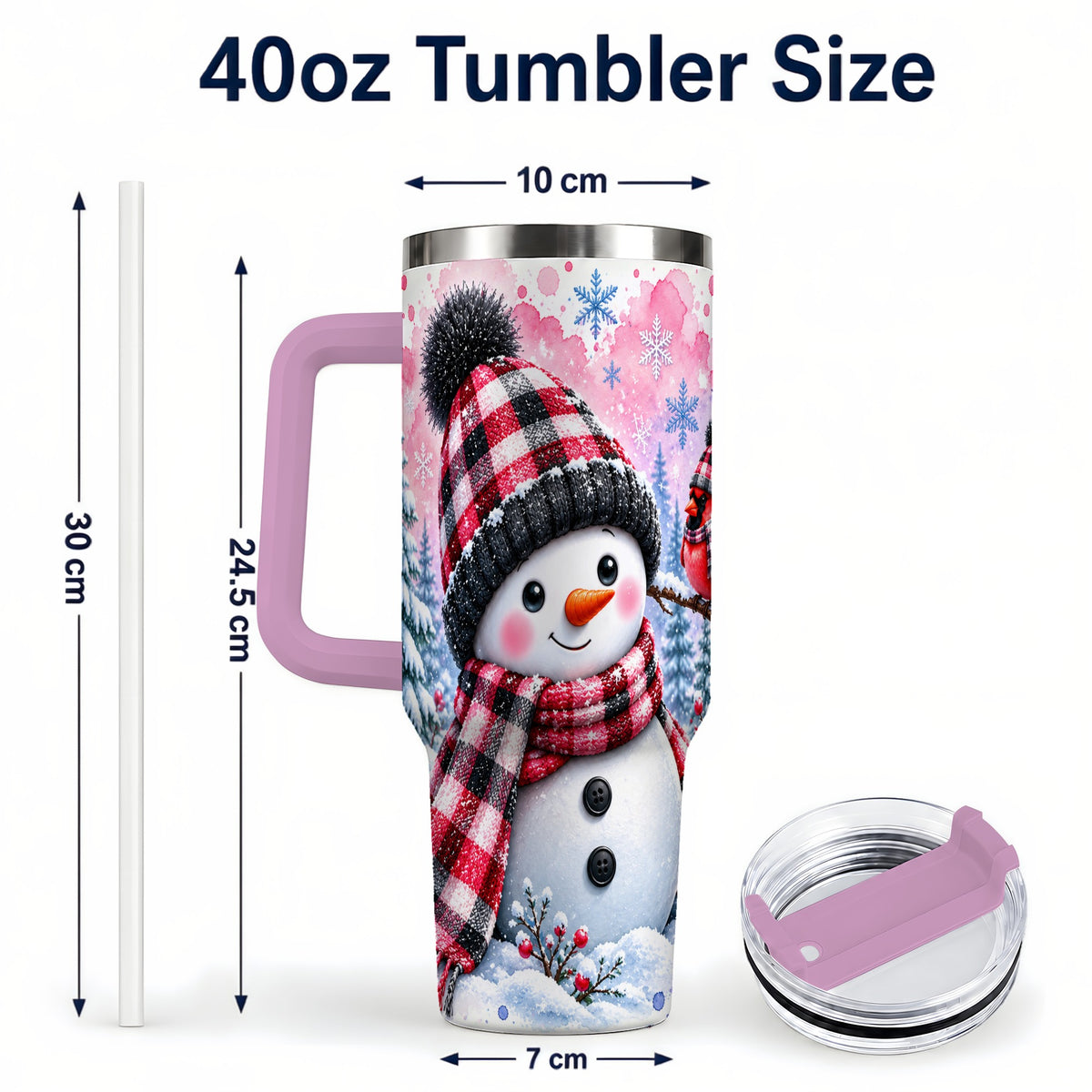 #pl[40oz|Pink] Snowman Cardinal 40oz Tumbler with Handle, Plaid Winter Travel Cup