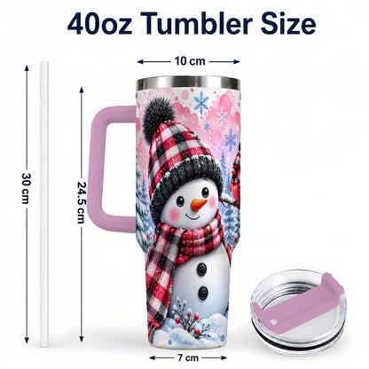 #pl[40oz|Pink] Snowman Cardinal 40oz Tumbler with Handle, Plaid Winter Travel Cup