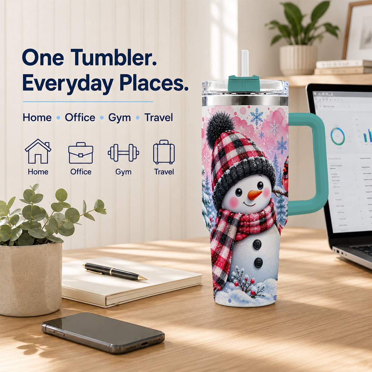 #pl[40oz|Green] Snowman Cardinal 40oz Tumbler with Handle, Plaid Winter Travel Cup