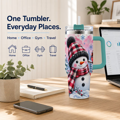 #pl[40oz|Green] Snowman Cardinal 40oz Tumbler with Handle, Plaid Winter Travel Cup