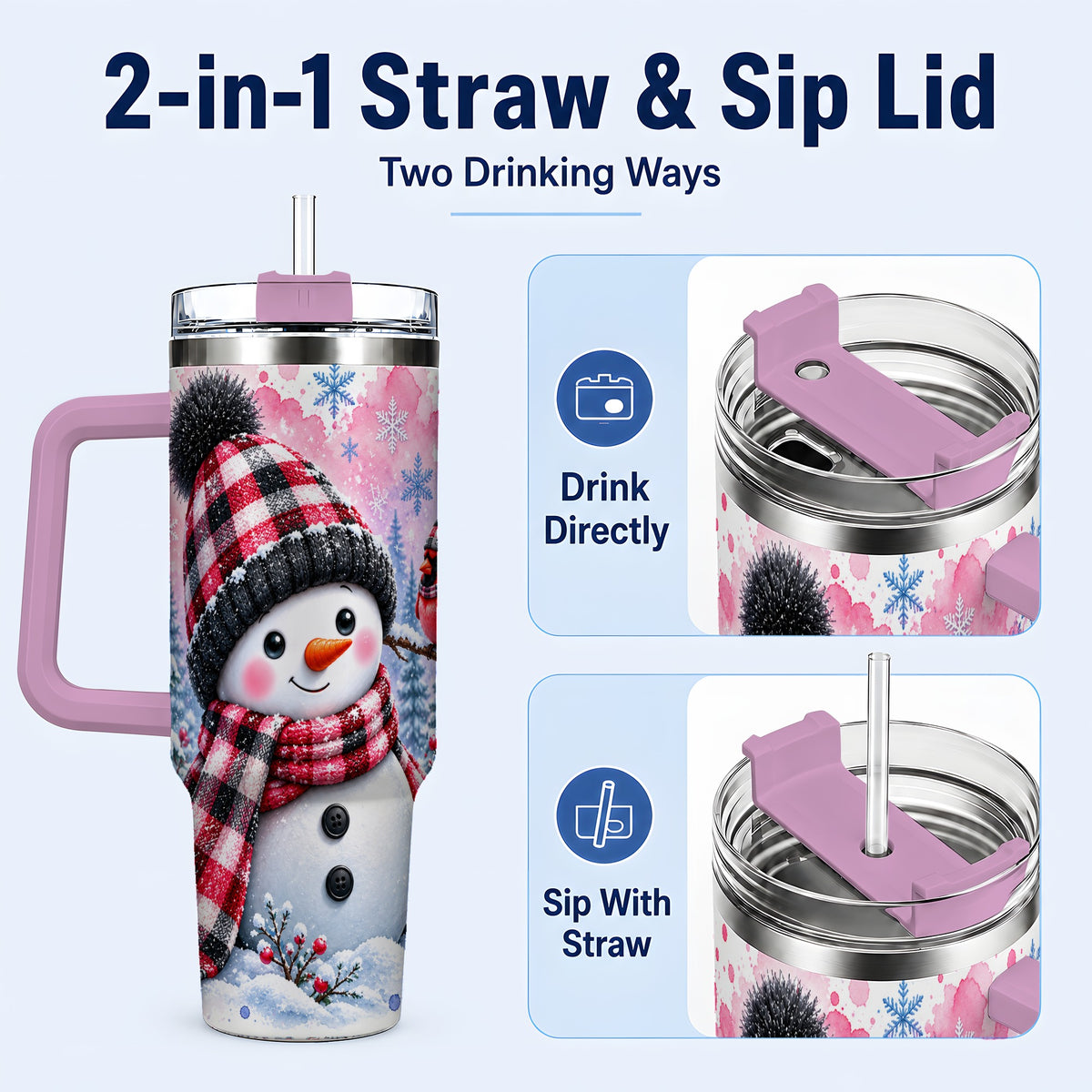 #pl[40oz|Pink] Snowman Cardinal 40oz Tumbler with Handle, Plaid Winter Travel Cup